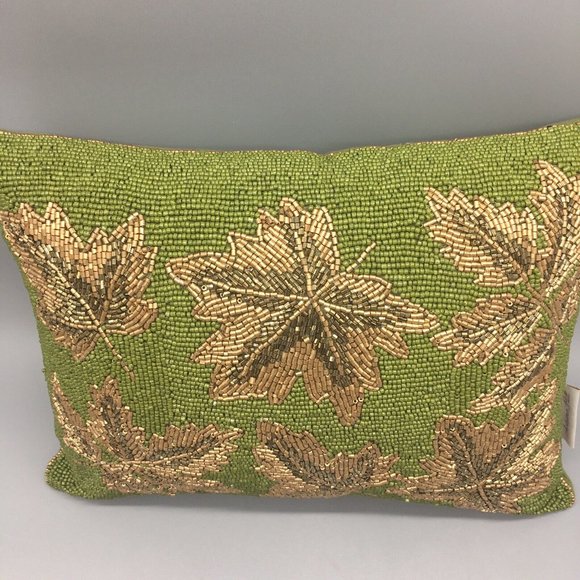 Autumn Hill Beaded Green Gold Fall Maple Leaf Lumbar Pillow Fall Decor 12x16 - Picture 3 of 8